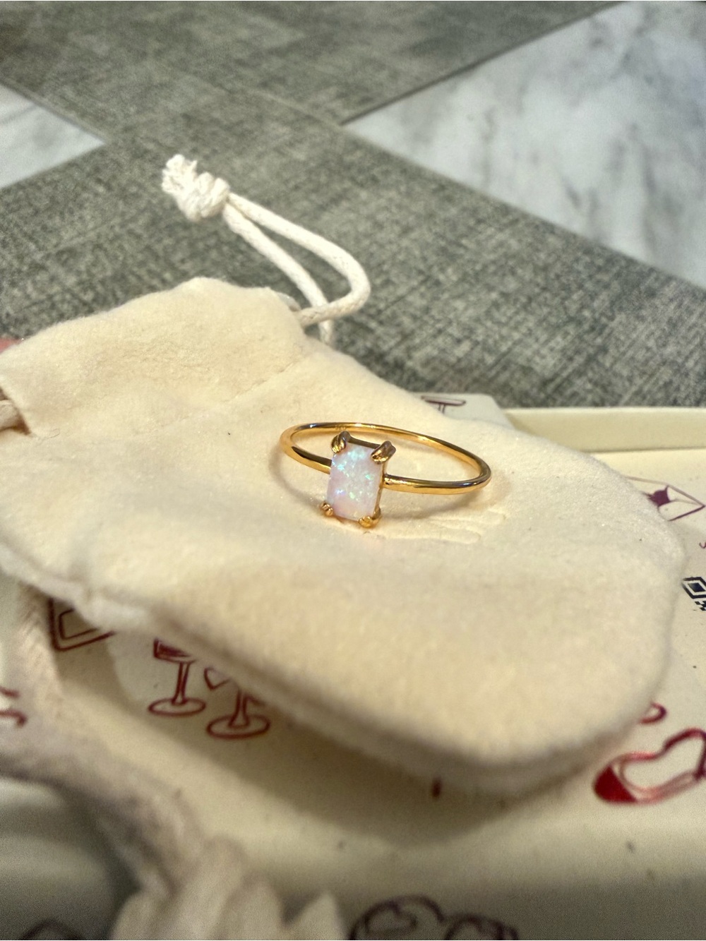 Caitlyn Minimalist Gold Opal Solitaire Ring - Iridescent White Size 7 & Gift Box